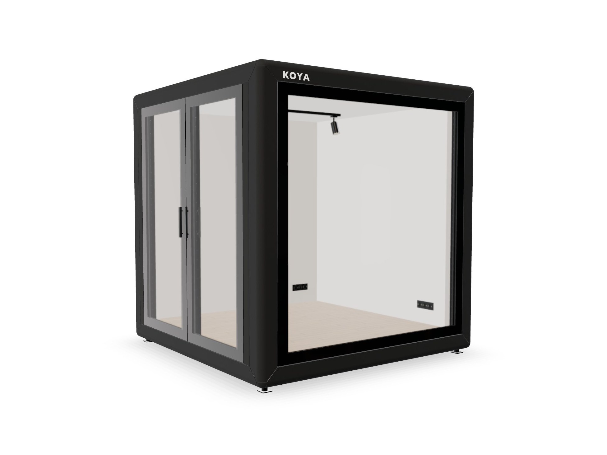 Visualisierung: KOYA Office Cube 2,5 × 2,5 m, sofort verfügbar, schwarz, vorn Festverglasung, an der Seite eine Doppeltür