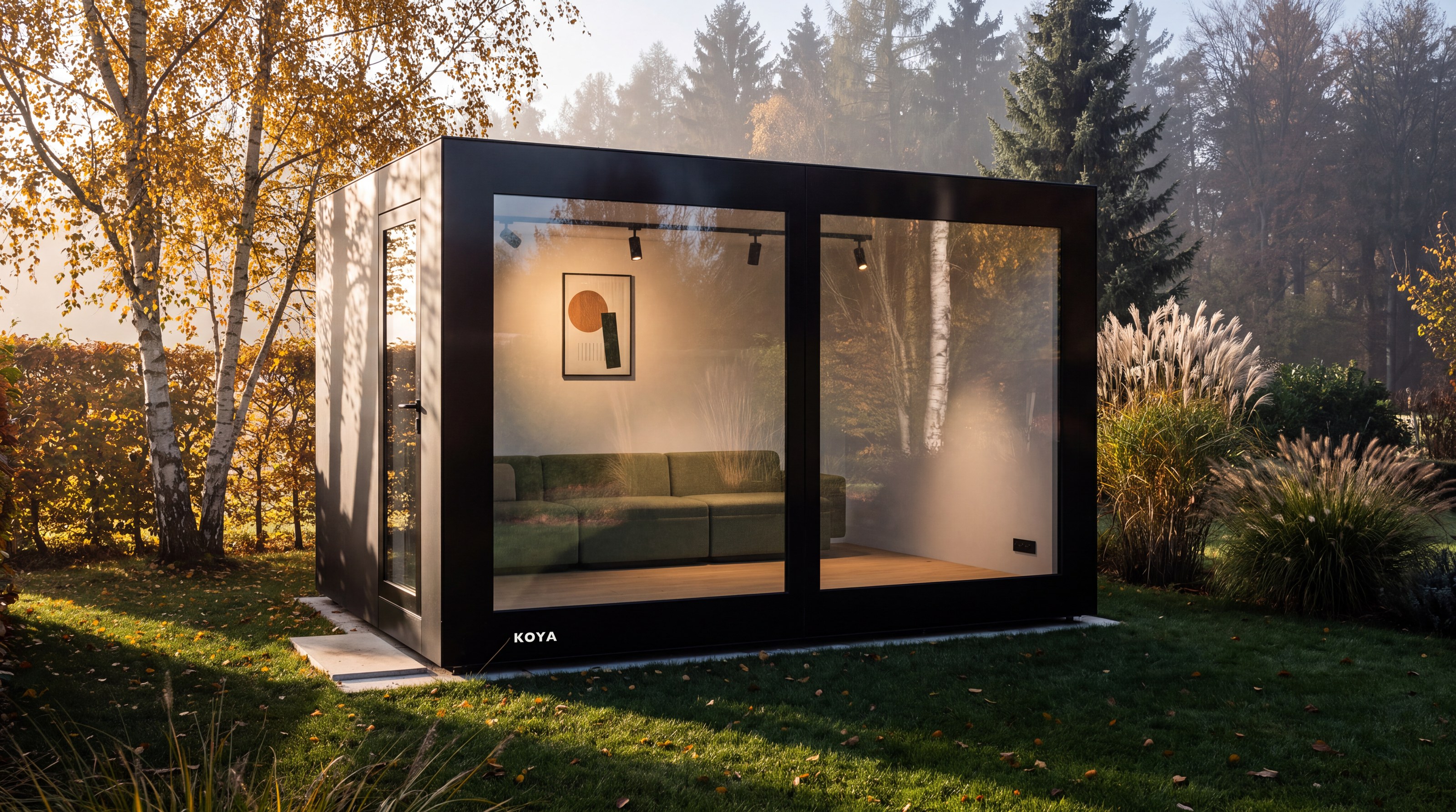 Visualisierung: KOYA Gartenhaus Studio Ganzglas mit Glasfront über die ganze Breite und Glastür an der Seite, im herbstlichen Garten