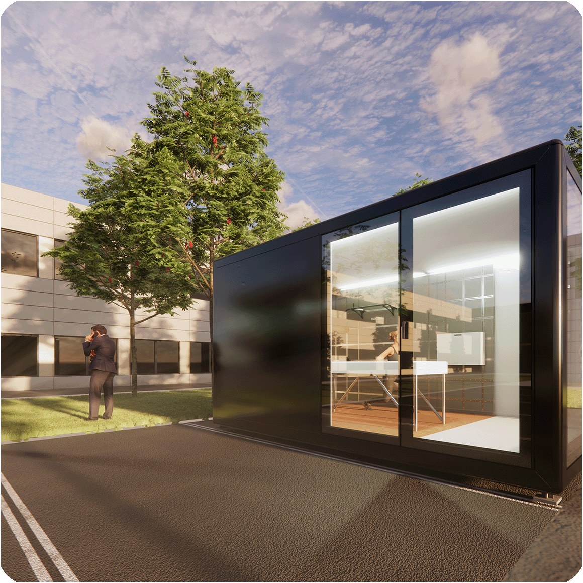 Visualisierung: schwarzes KOYA Büromodul mit großer Glasfront auf einem Firmengelände, innen Schreibtische