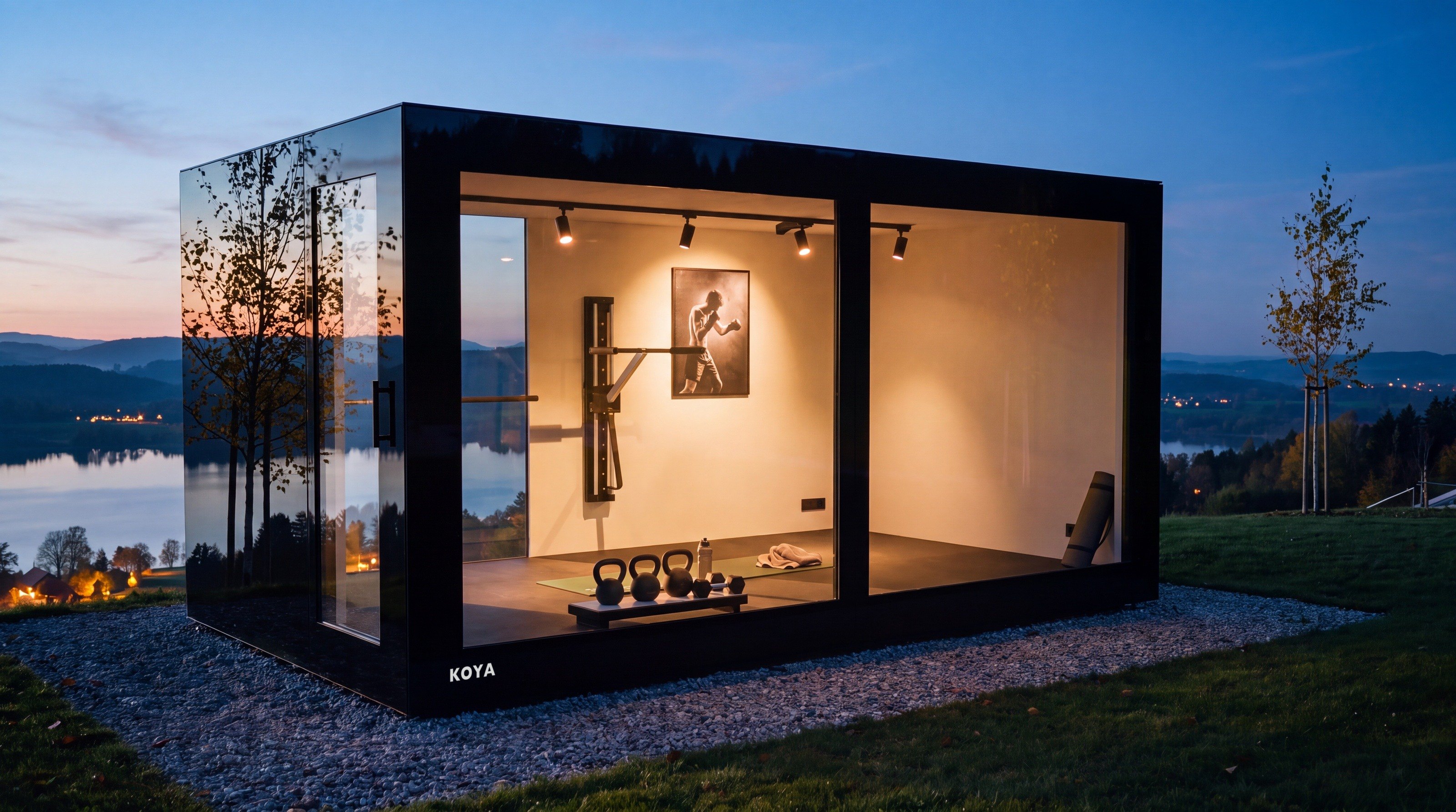 Visualisierung: KOYA Studio Ganzglas als Fitnessraum am Abend über dem See, innen warmes Licht