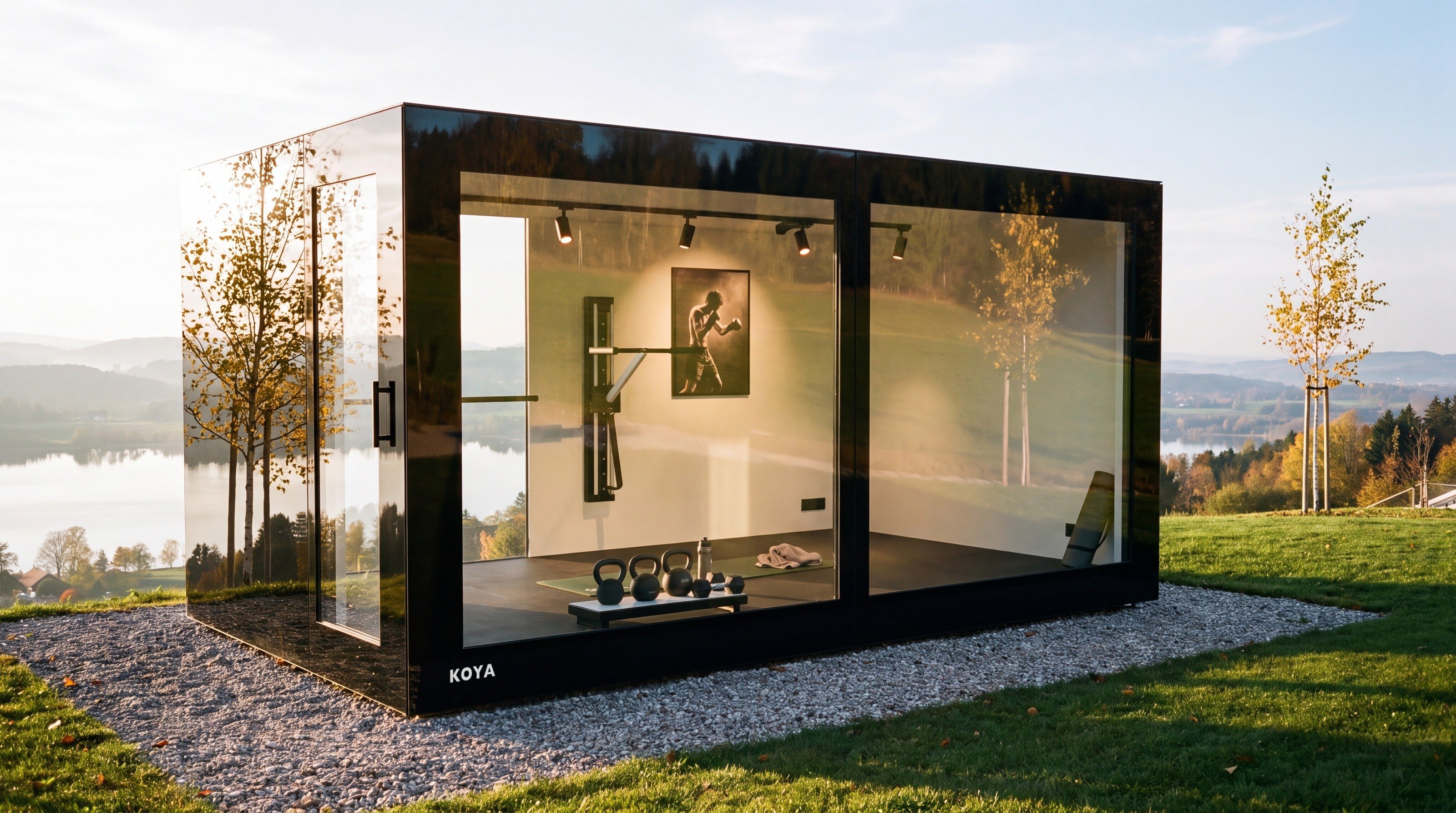 Visualisierung: KOYA Studio Ganzglas 5,0 × 3,0 m als Fitnessraum auf einem Hanggrundstück über einem See, innen Wandgerät, Kettlebells und Trainingsmatte