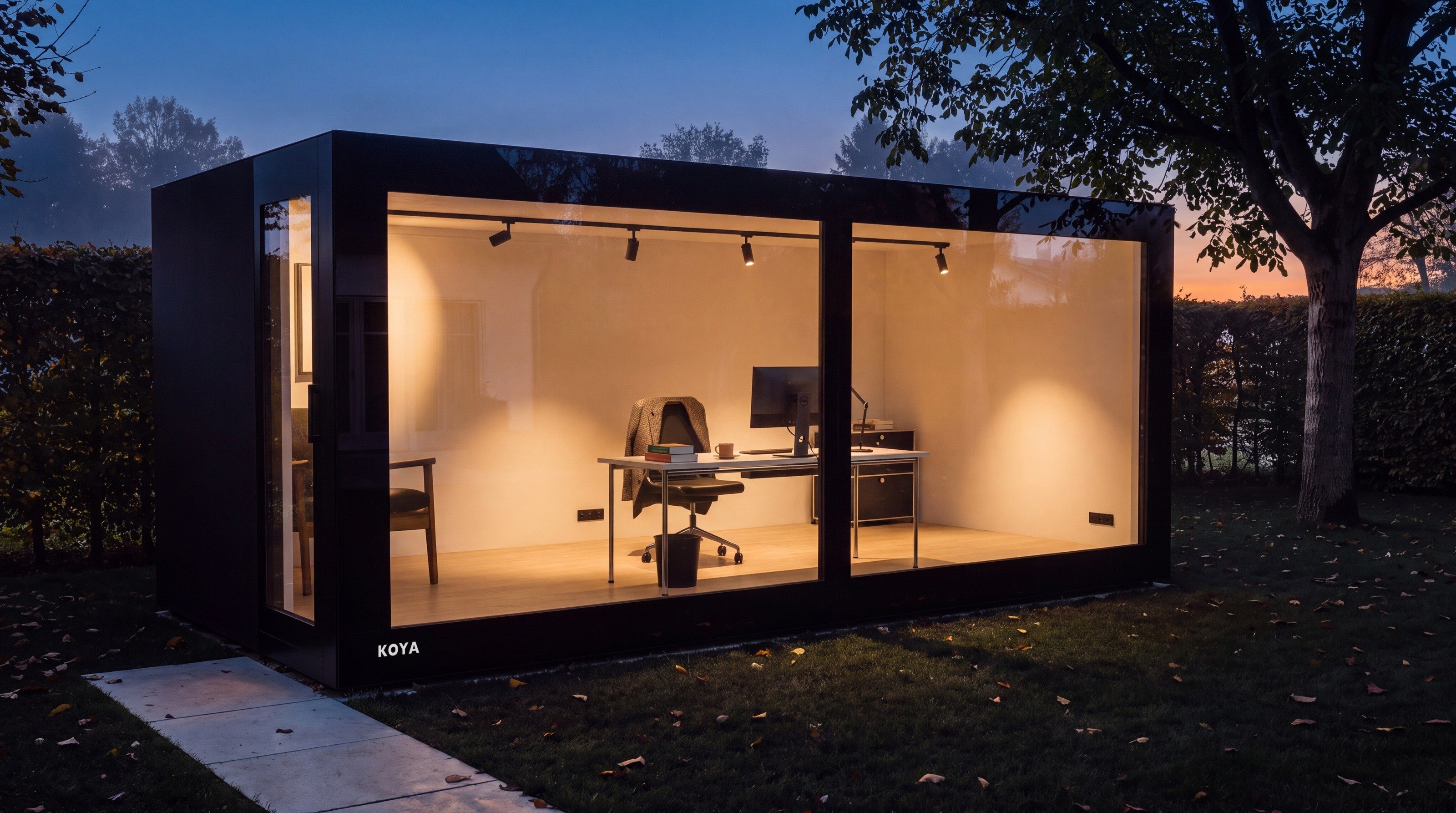 Visualisierung: Gartenbüro mit Internet: KOYA Gartenbüro mit Ganzglas am Abend, Arbeitsplatz sichtbar