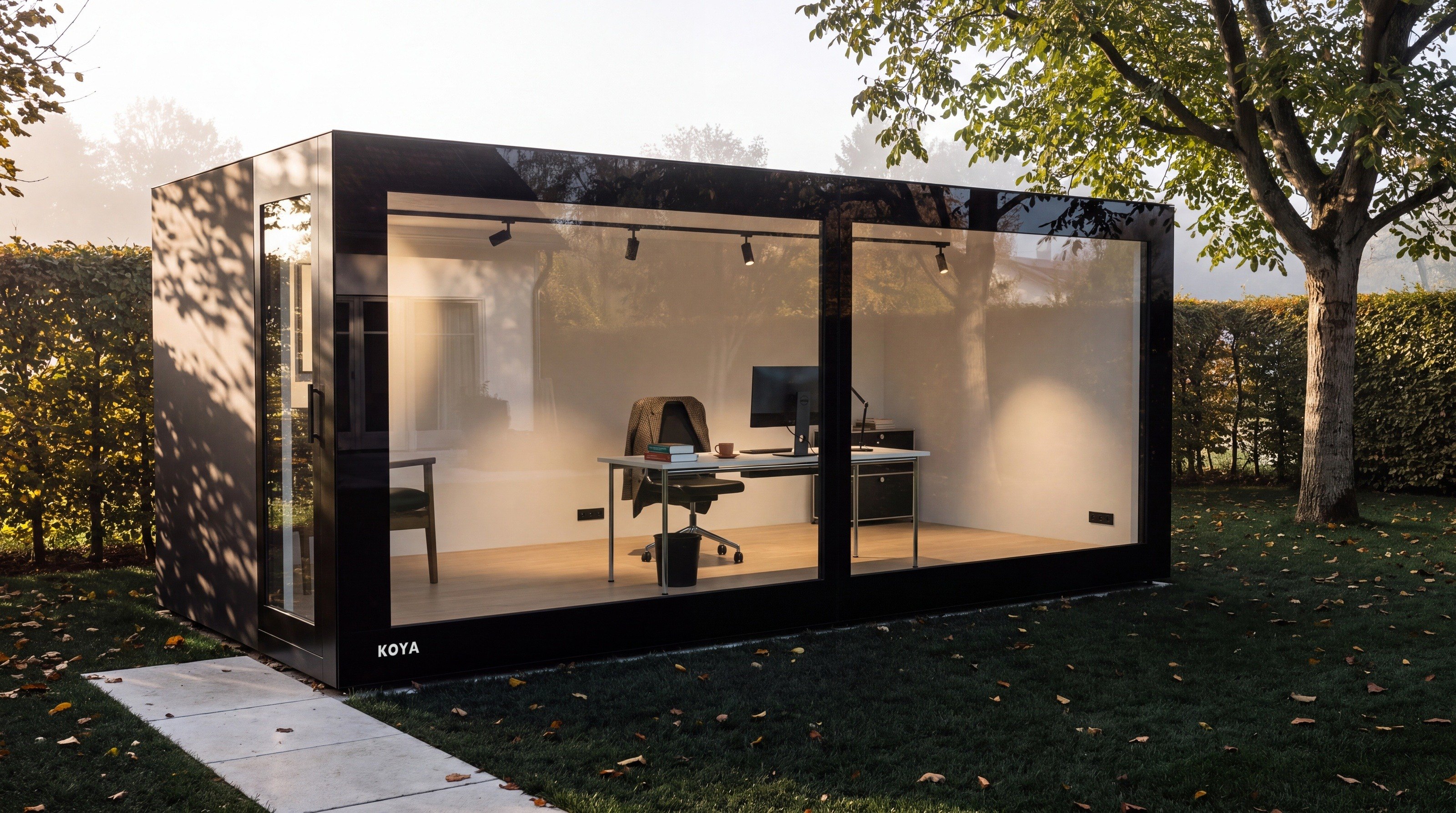 Visualisierung: KOYA Gartenbüro mit bündigem Ganzglas im Morgenlicht, ein winterfestes Gartenbüro