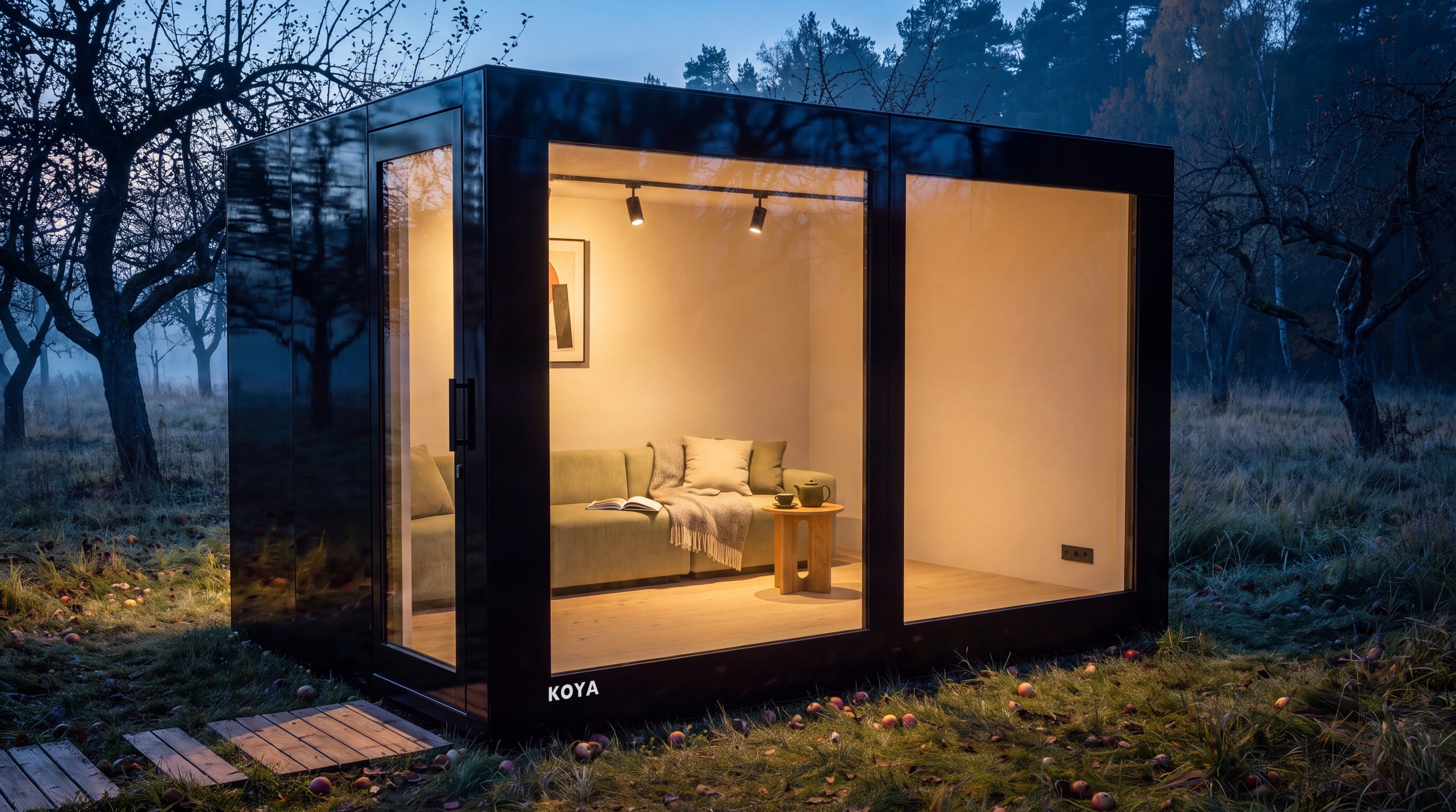 Visualisierung: Gästehaus im Garten: KOYA Gartenhaus mit Ganzglas am Abend, innen warm beleuchtet mit Bett