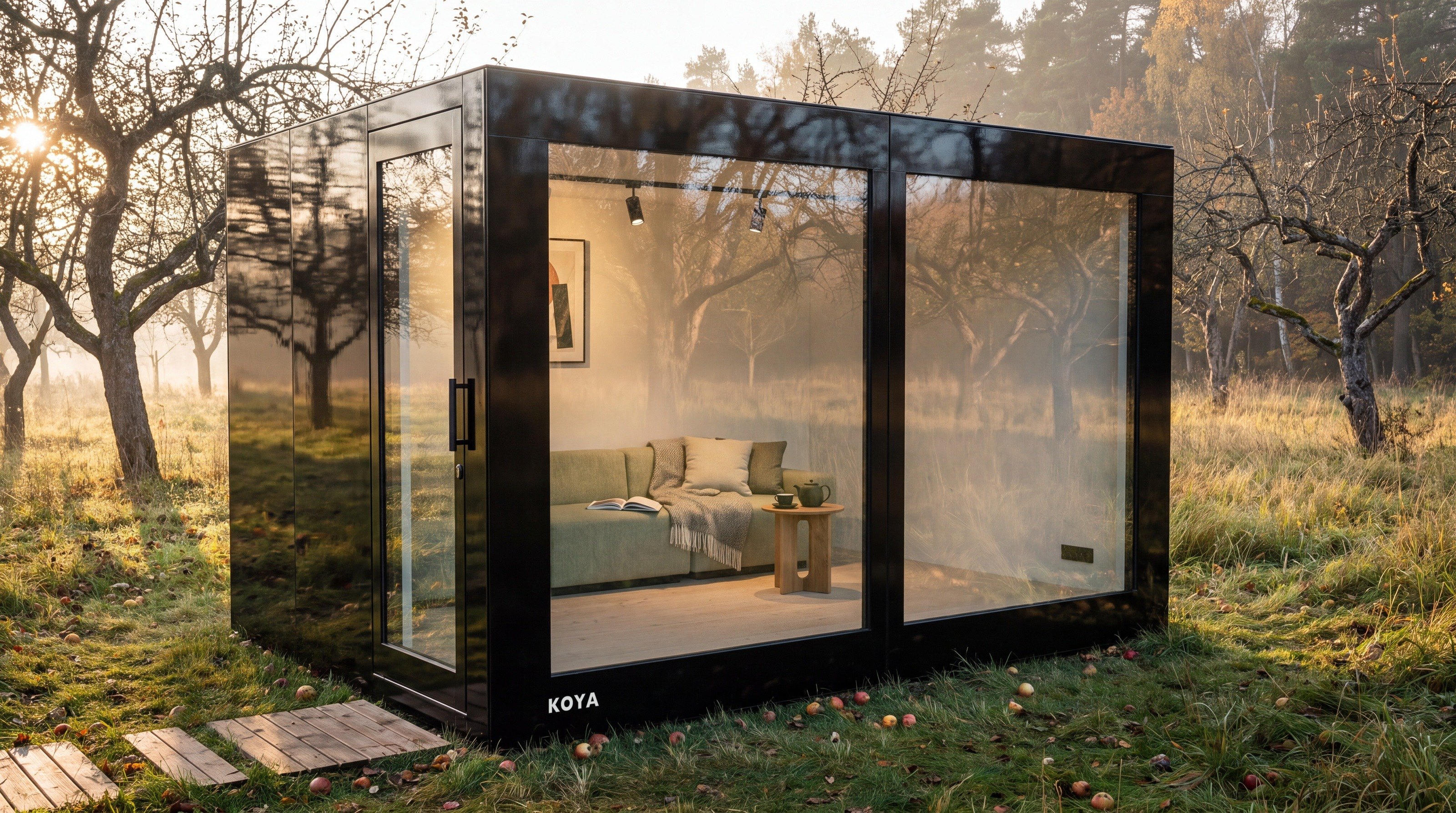 Visualisierung: Design-Gartenhaus KOYA Studio Ganzglas 4,0 × 3,0 m mit Lounge auf einer Streuobstwiese, innen Sofa mit Decke, Beistelltisch und Teekanne