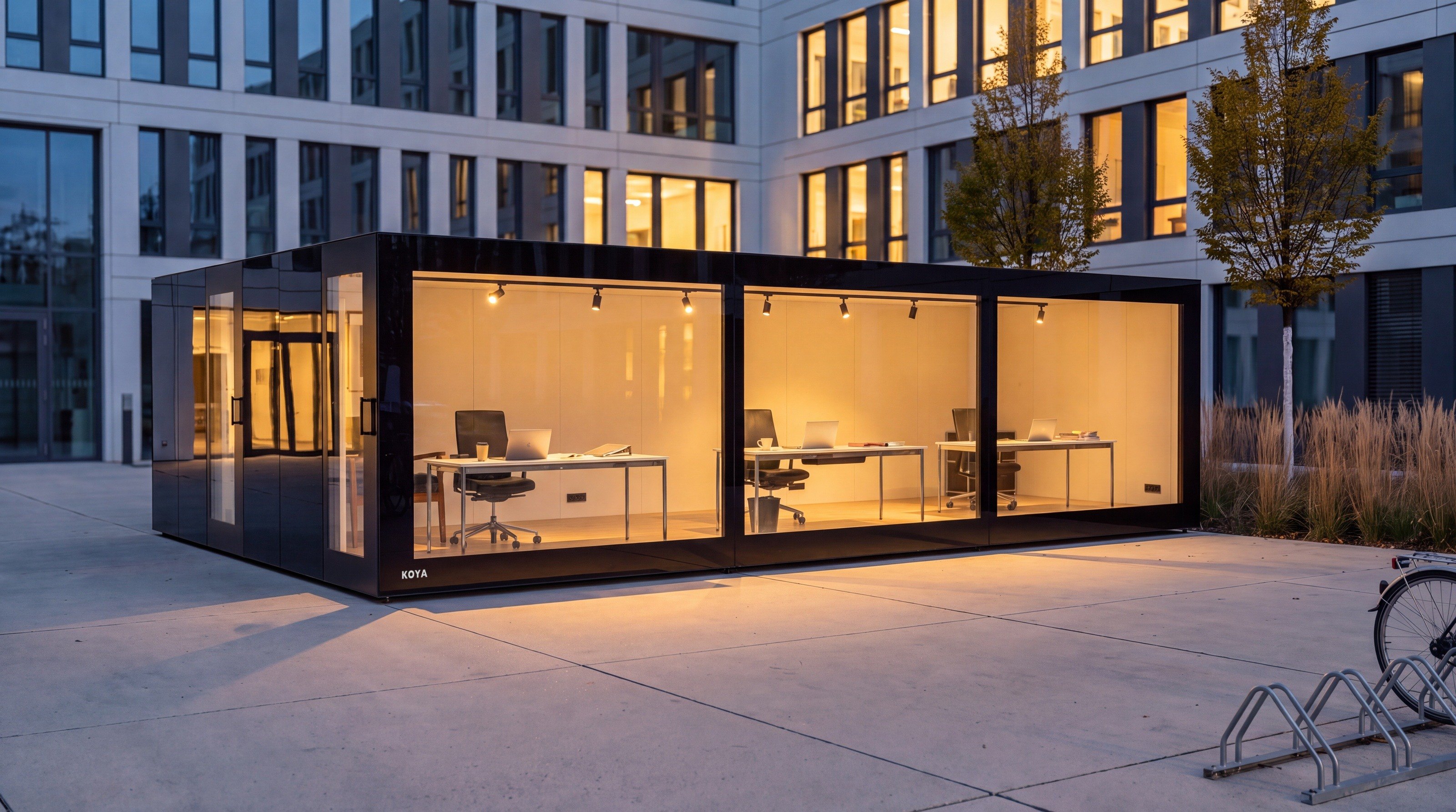 Visualisierung: modulares Bürogebäude KOYA Studio Ganzglas am Abend im Münchner Innenhof, Arbeitsplätze beleuchtet