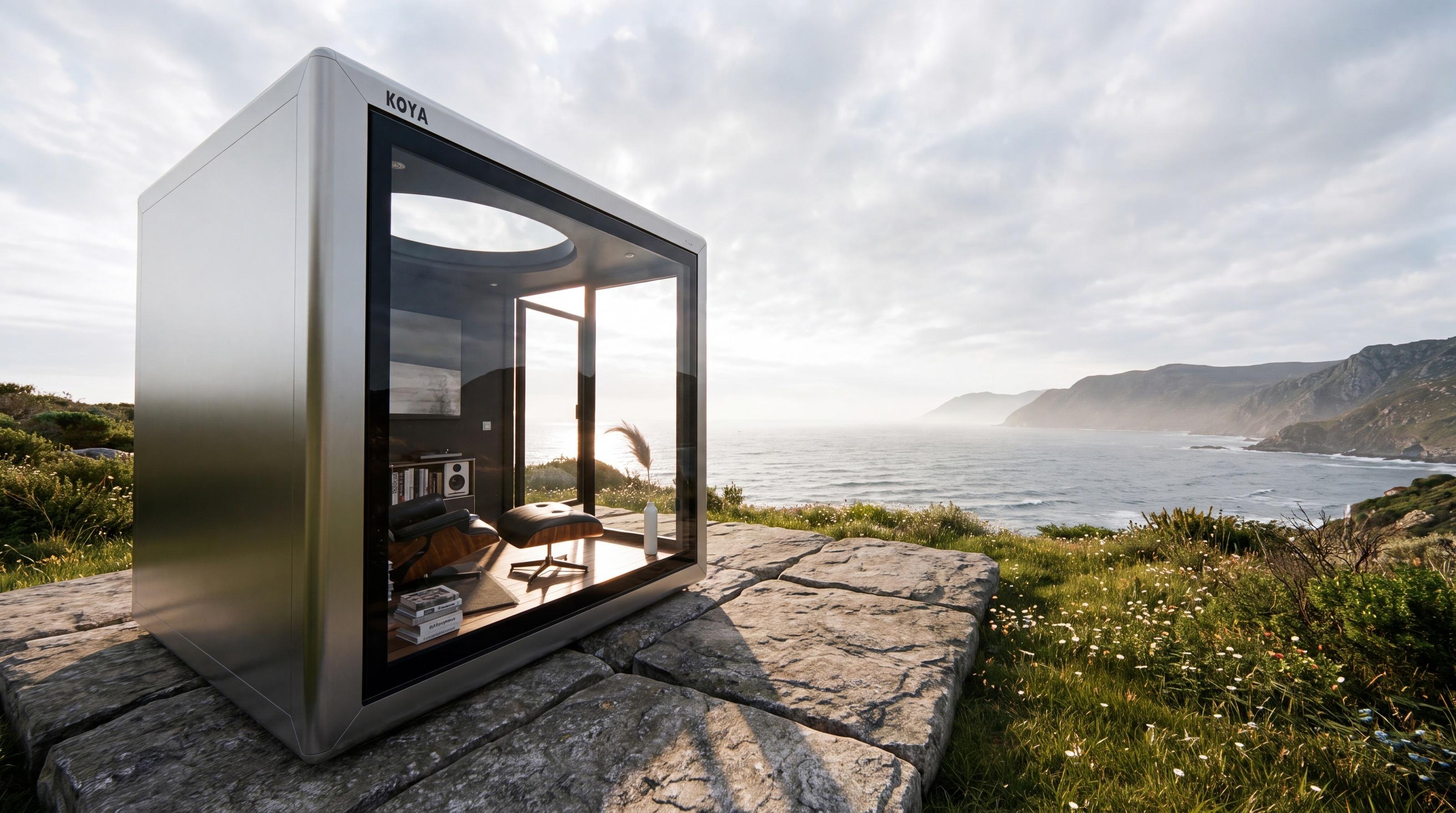 Visualisierung: KOYA Cube als Rückzugsort mit runder Dachöffnung auf Steinplatten an einer Steilküste, innen Lounge Chair und Bücher