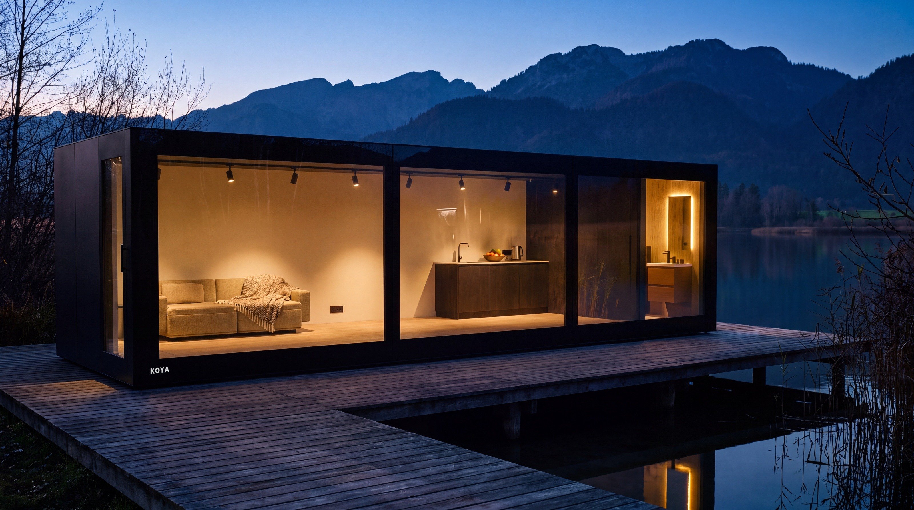Visualisierung: Luxus-Tiny-House KOYA Studio Ganzglas zur blauen Stunde am Bergsee, das Licht spiegelt sich im Wasser