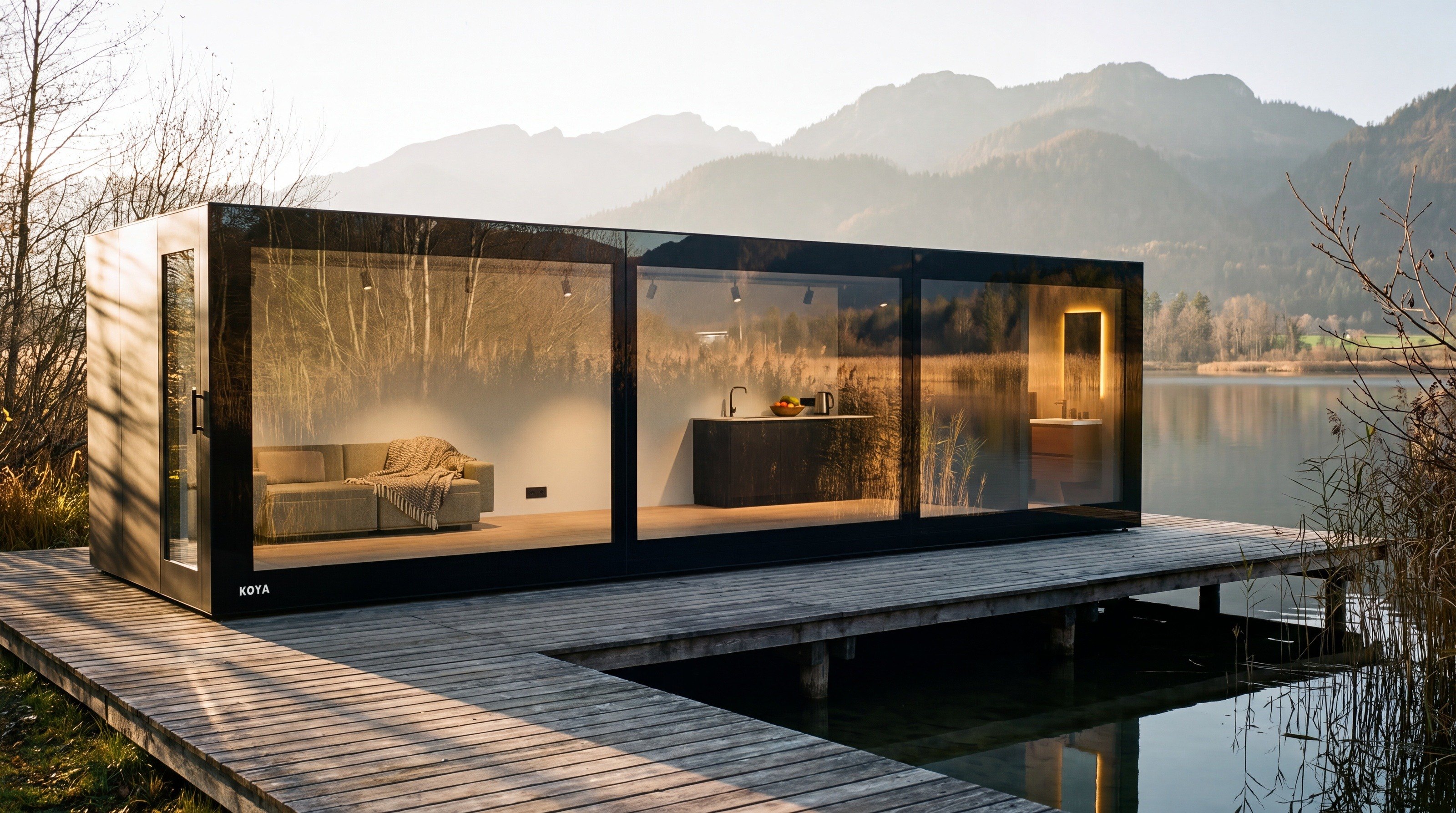 Visualisierung: Wohnen im Gartenhaus: KOYA Living mit Ganzglas, innen Wohn- und Schlafbereich, am Seeufer