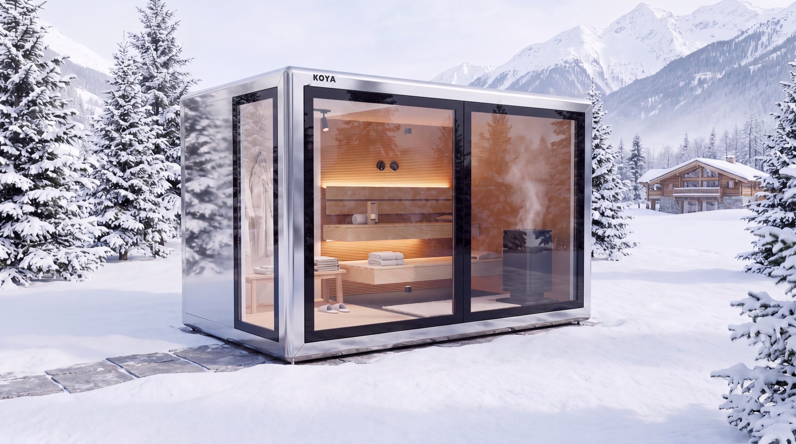 Visualisierung: verspiegelter KOYA Cube mit Vorraum im verschneiten Garten vor einem Chalet in den Alpen