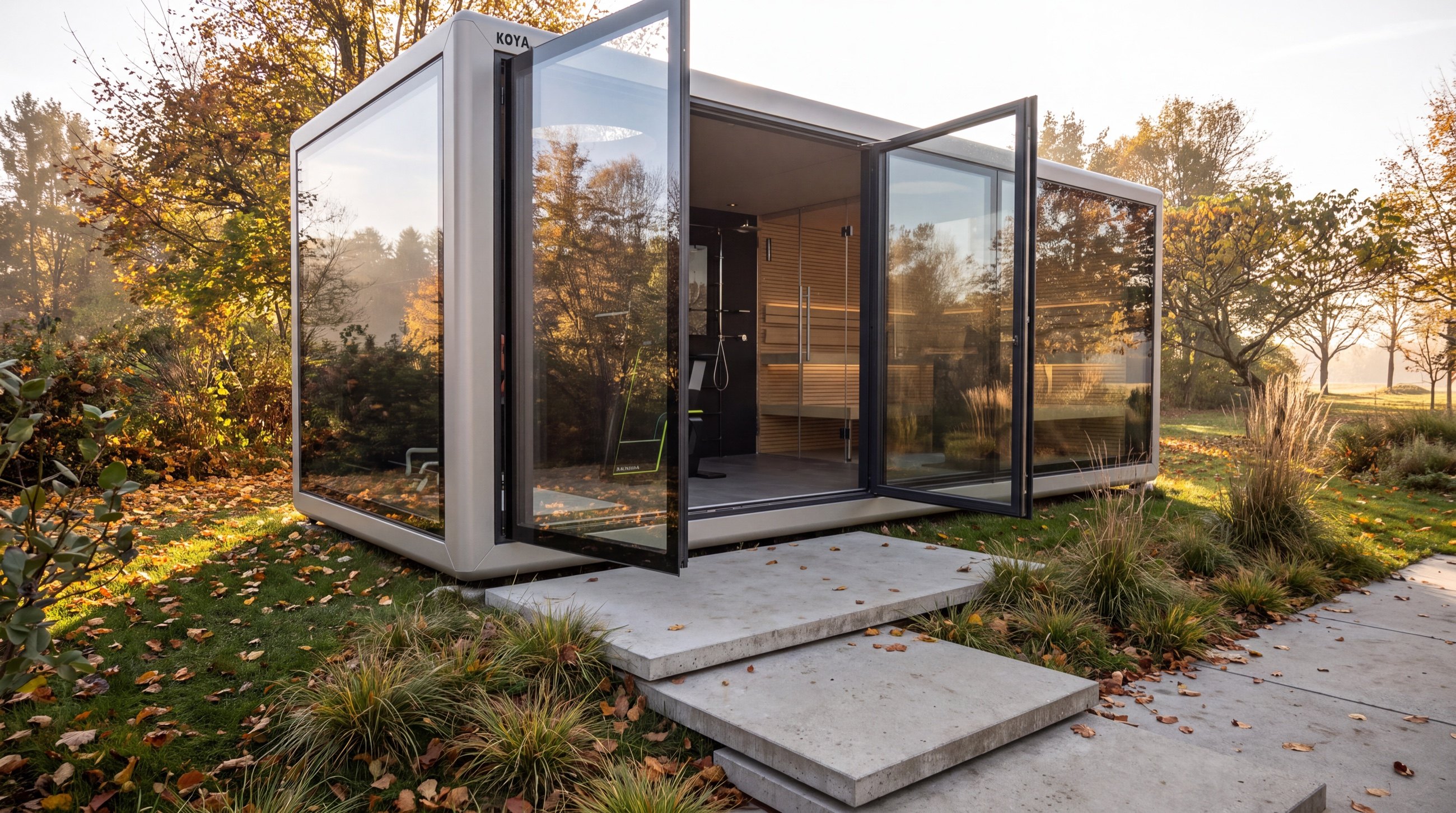Visualisierung: KOYA Cube Sauna mit Vorraum, beide Glastüren offen, Blick in Vorraum und Saunakabine