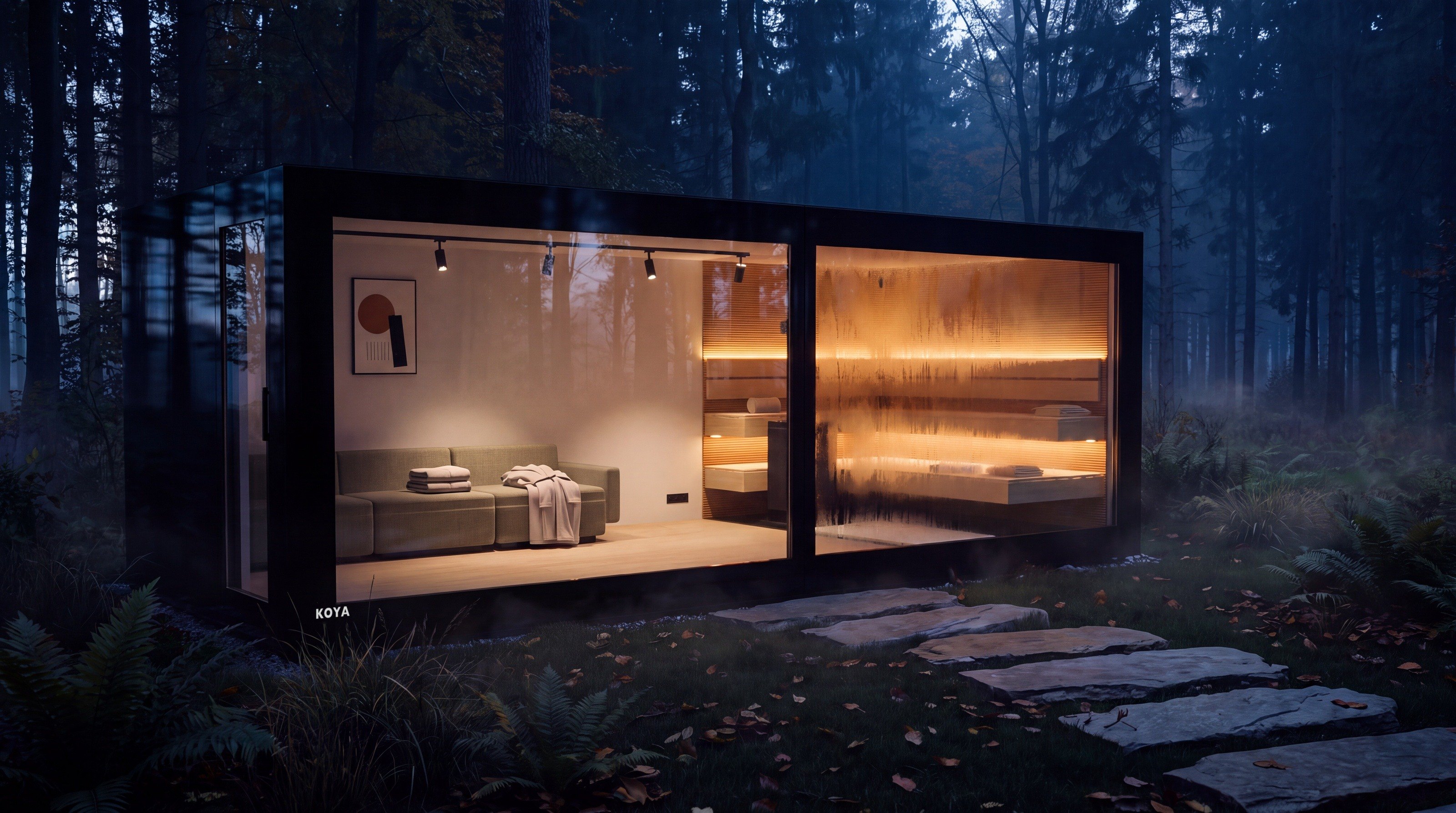Visualisierung: KOYA Studio Ganzglas Sauna mit Vorraum bei Einbruch der Nacht am Waldrand, die Saunakabine leuchtet warm