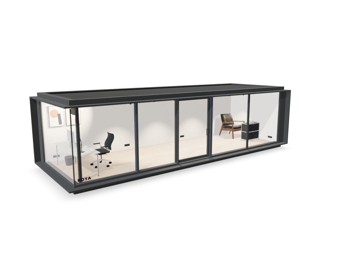 Visualisierung: langgestrecktes KOYA Studio mit feinem Dachüberstand und Glasfront, freigestellt
