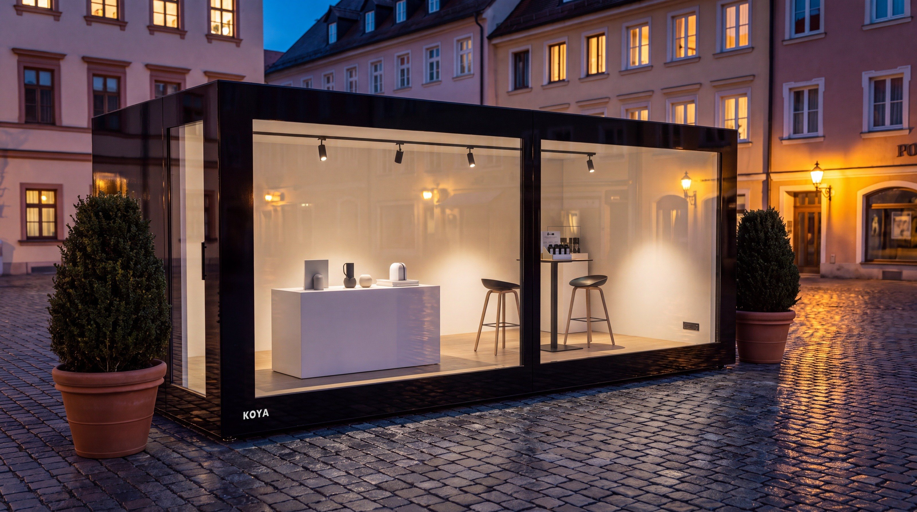 Visualisierung: Verkaufspavillon KOYA Studio Ganzglas am Abend auf dem Altstadtplatz, die Ausstellung hell beleuchtet