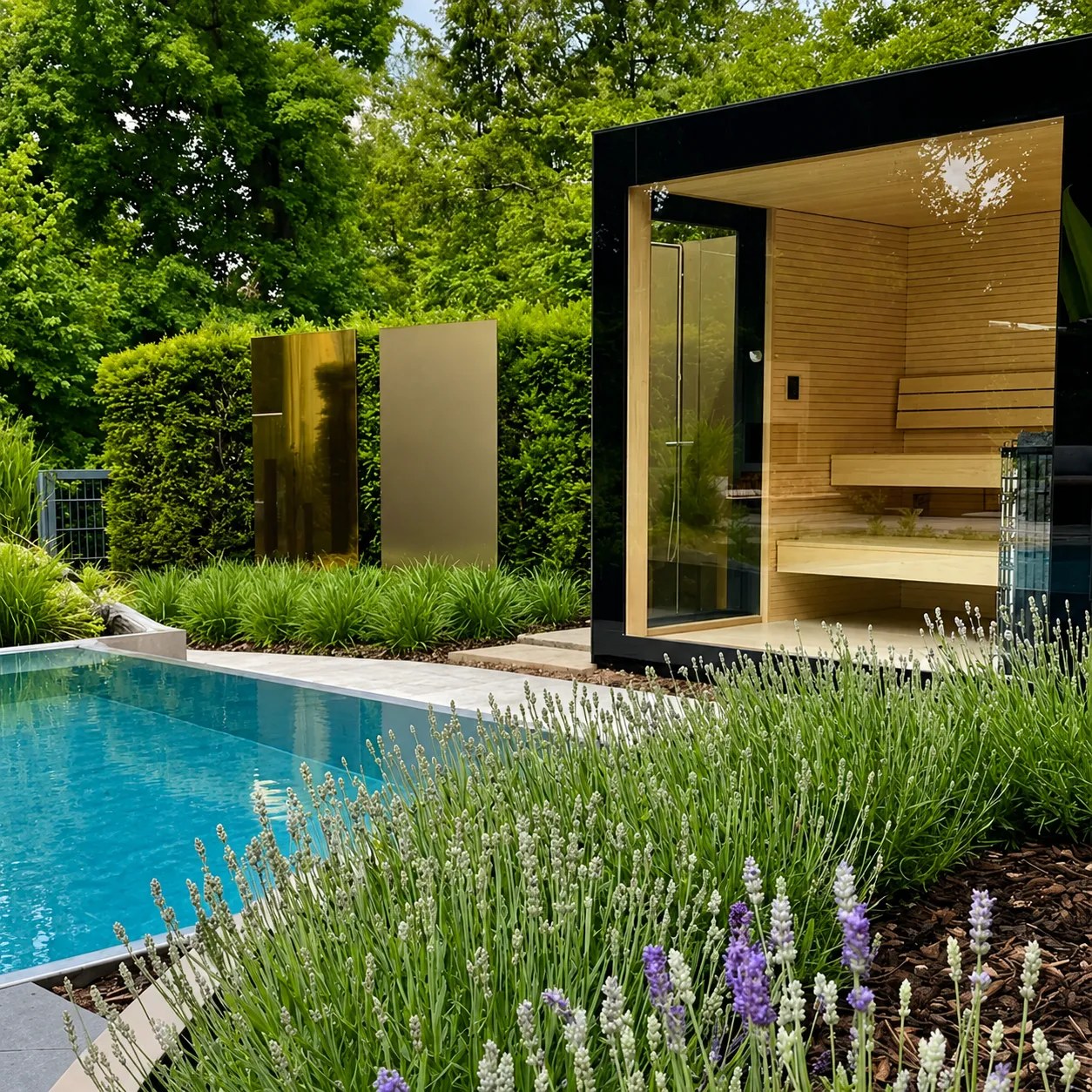 Aufnahme: KOYA Sauna am Pool im Garten, davor Lavendel, eine Idee für die Sauna im Garten