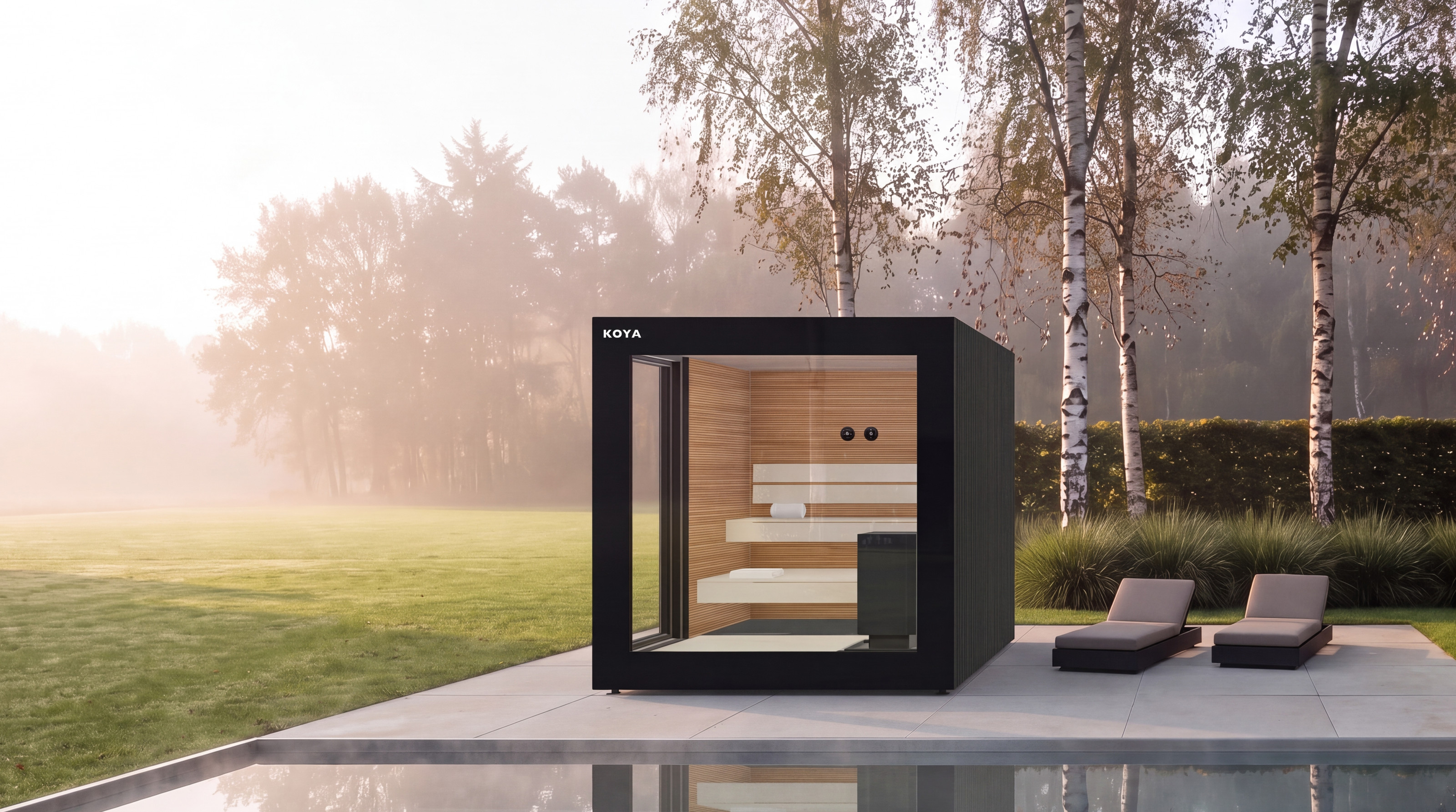 Visualisierung: KOYA Sauna Studio, Sauna mit Glasfront und schwarzer Holzfassade, auf einer Terrasse im Garten, davor ein Edelstahl-Pool, daneben zwei Liegen, dahinter Birken im Morgennebel