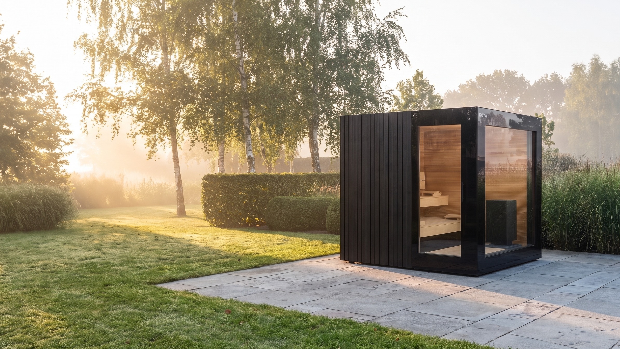 Visualisierung: KOYA Sauna Studio mit schwarzer Holzfassade und Glastür auf einer Terrasse im Garten, im Morgenlicht