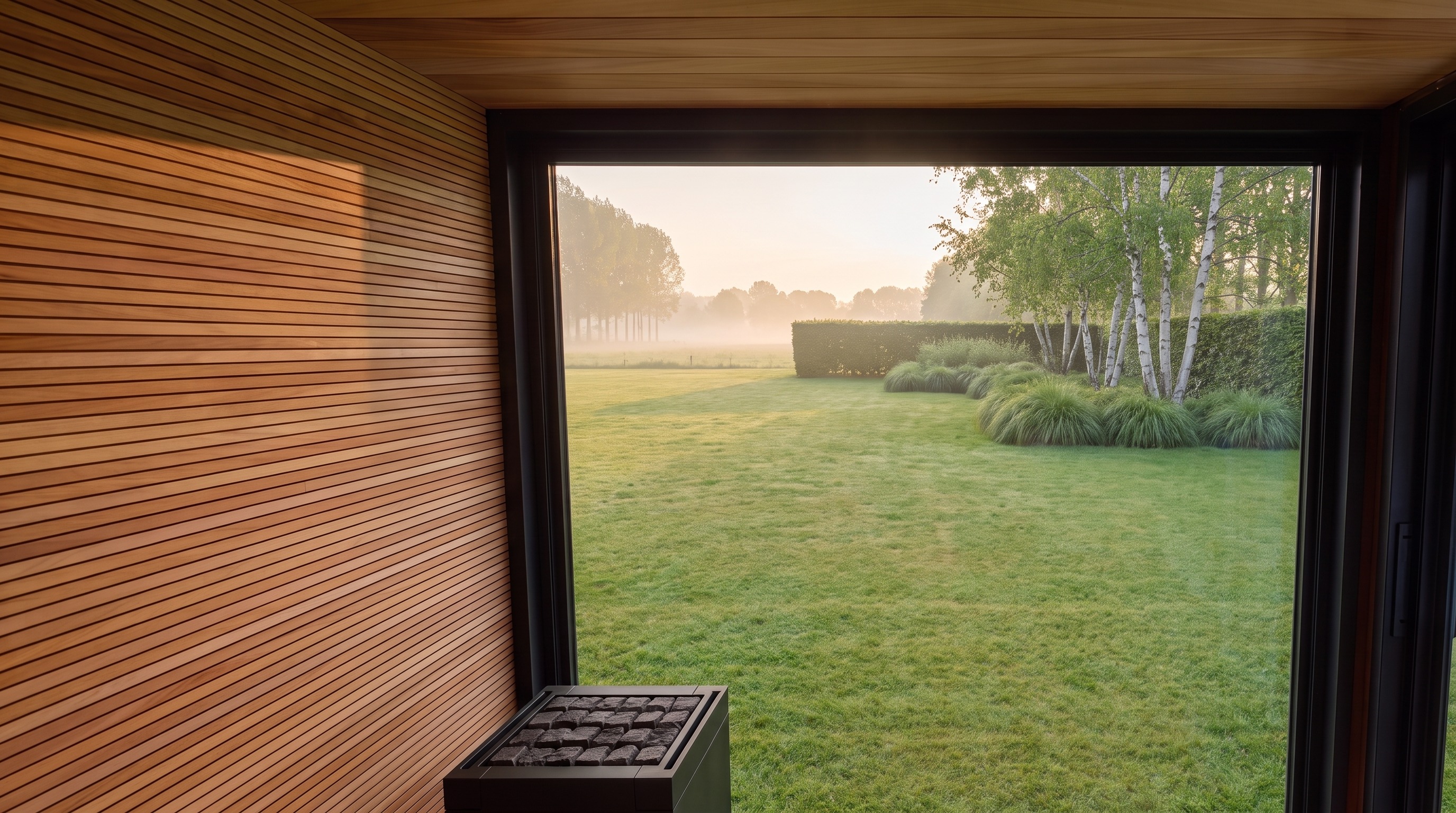 Visualisierung: Blick von der Saunabank durch das Panoramafenster des KOYA Sauna Studio in einen Garten mit Birken am Sommermorgen