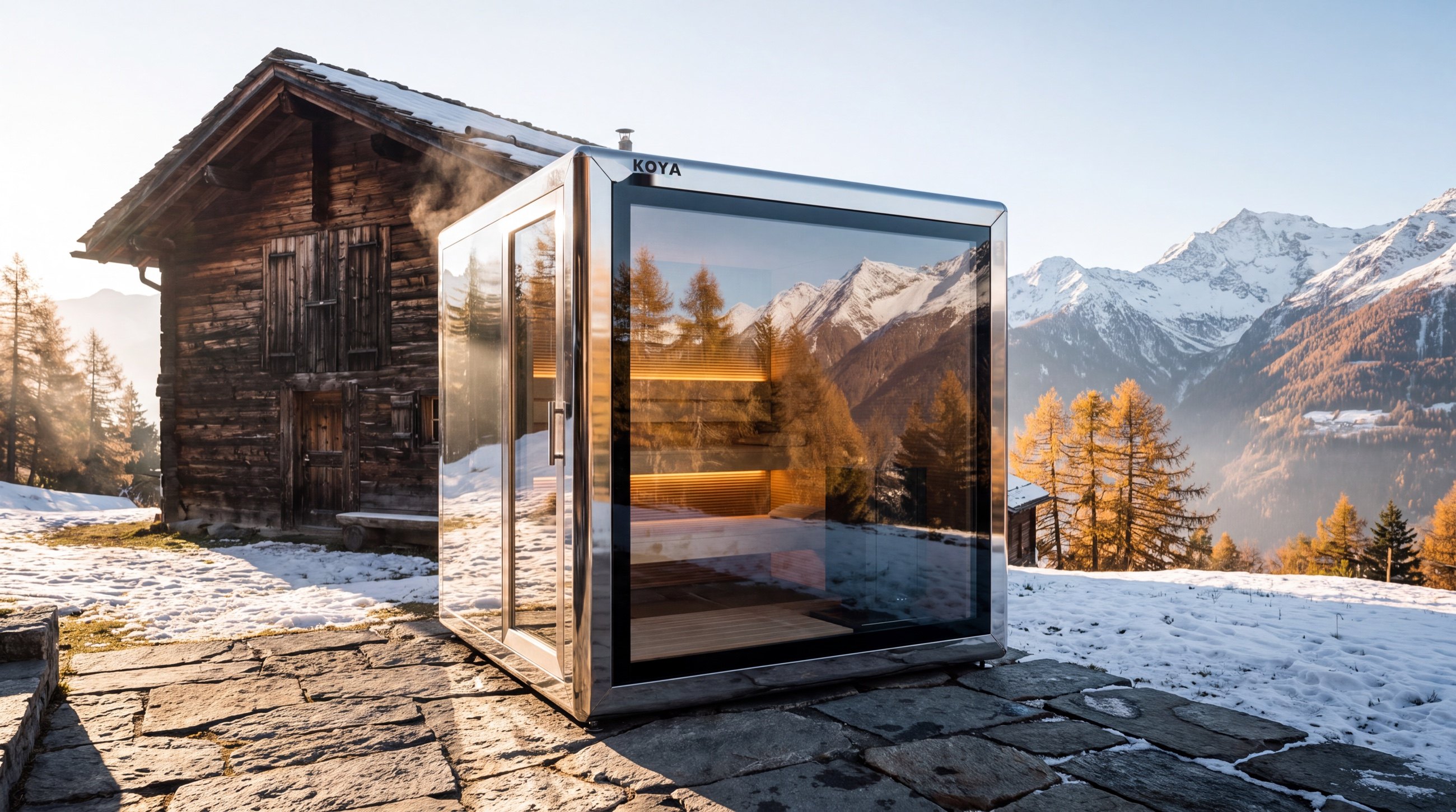 Visualisierung: verspiegelter KOYA Sauna Cube vor einer Almhütte in den Alpen