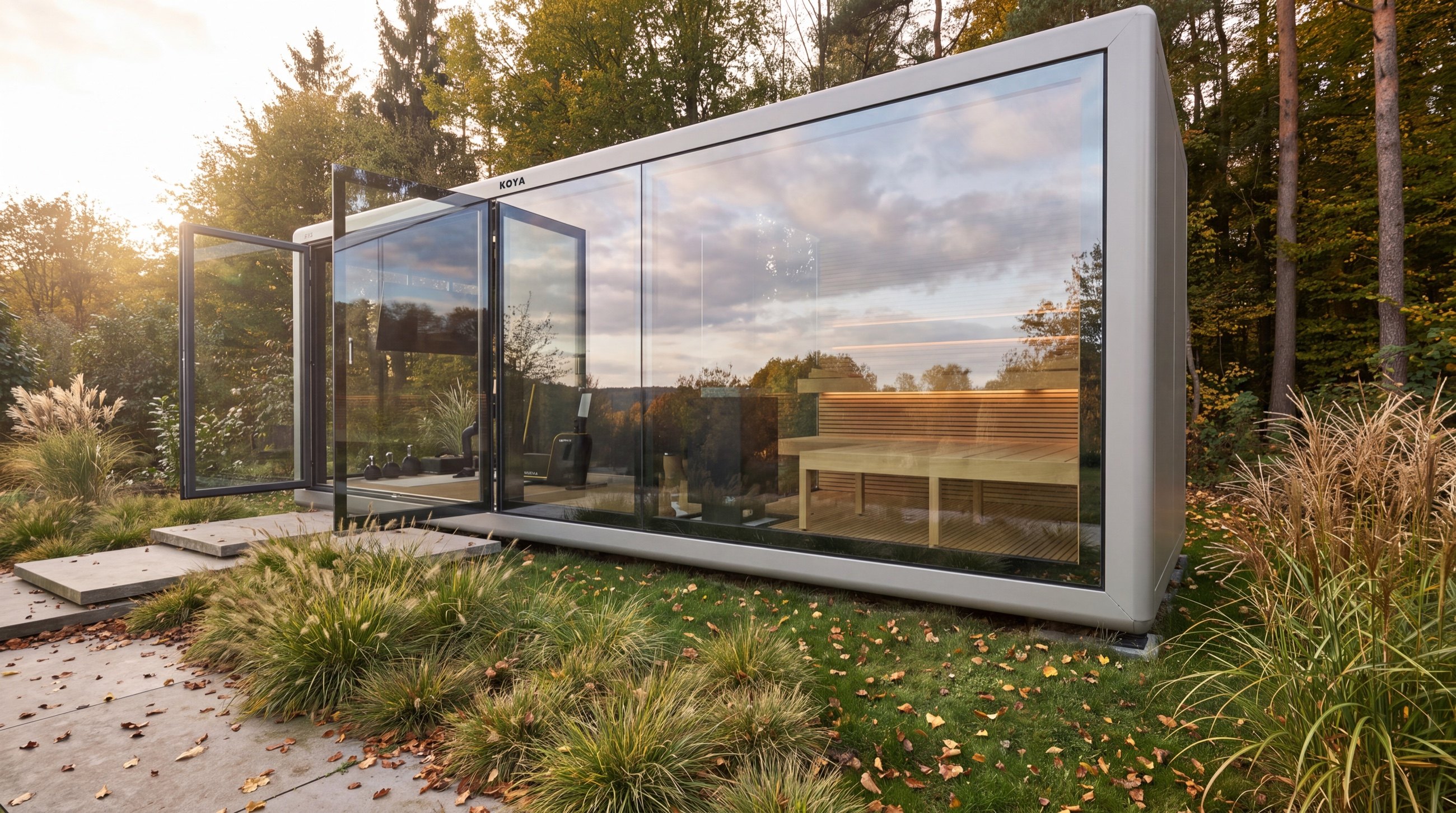 Visualisierung: Sauna mit Panoramaverglasung: KOYA Sauna mit Vorraum und durchgehender Glasfront im Garten