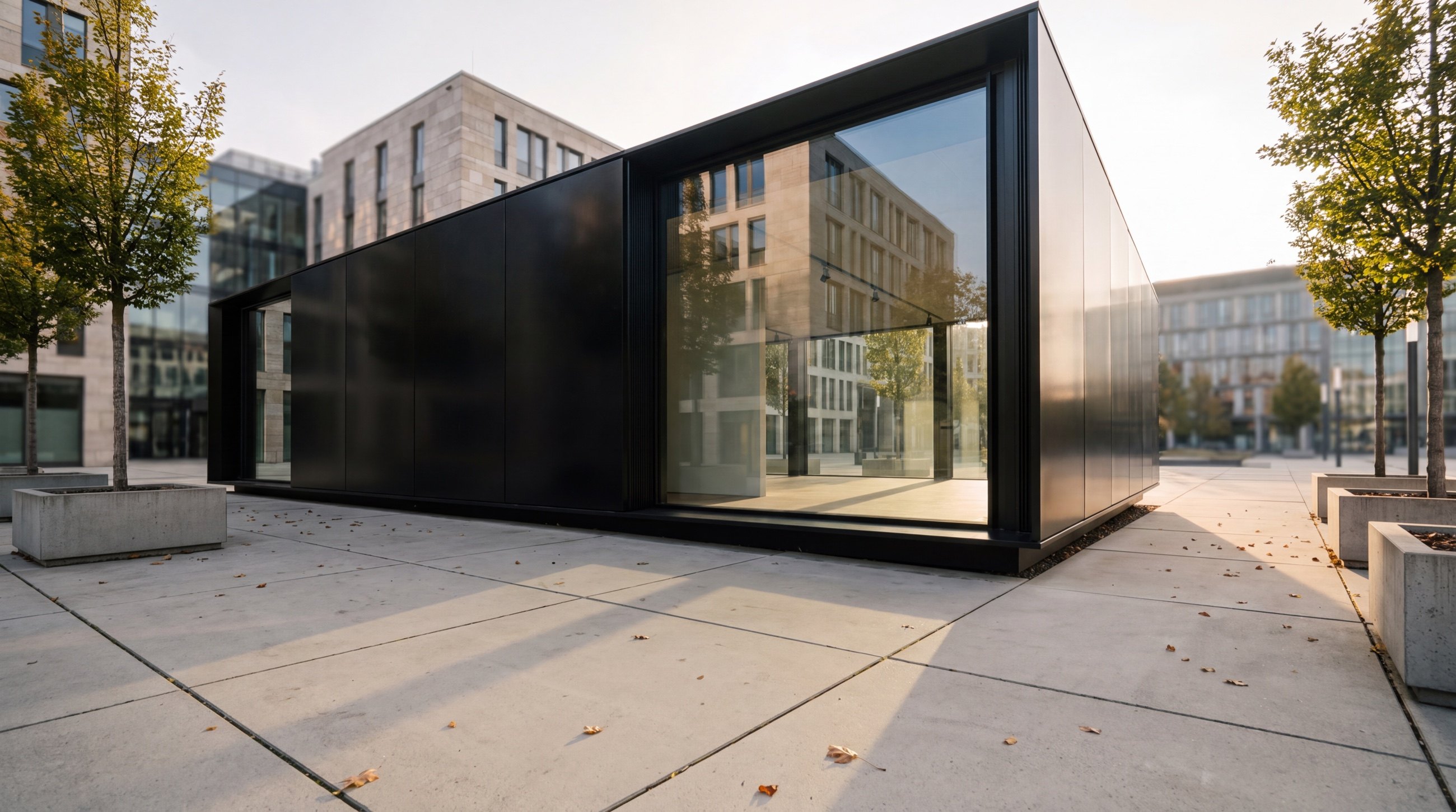 Visualisierung: modulares Bürogebäude KOYA Studio 14,0 × 7,0 m zwischen Bürohäusern in der Stadt