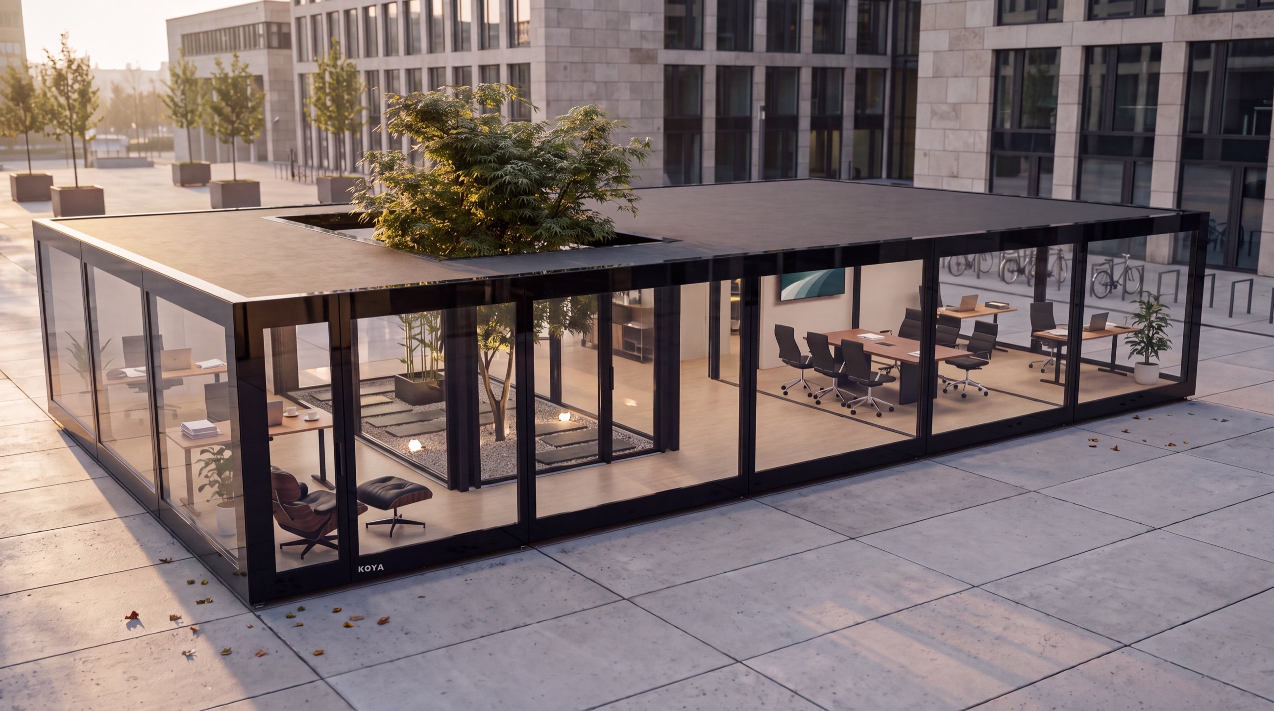 Visualisierung: modulares KOYA Bürogebäude 15 × 9 m mit Innenhof auf einem städtischen Platz, im Hof Bambus und ein japanischer Ahorn, innen Arbeitsplätze und Besprechungsraum