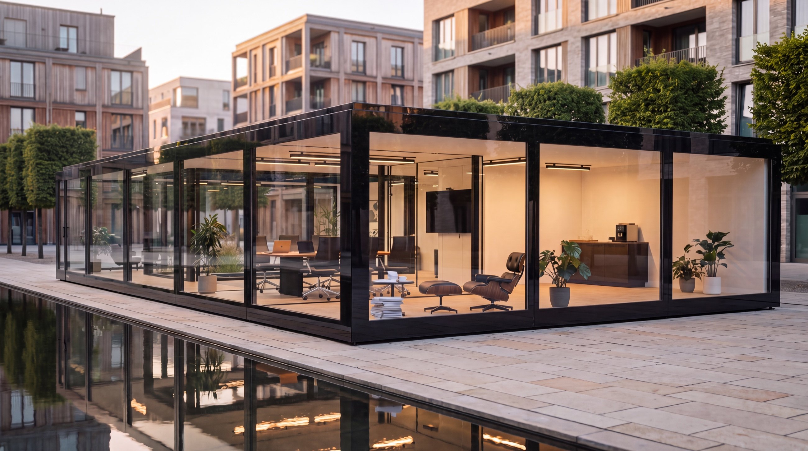 Visualisierung: modulares KOYA Bürogebäude mit Innenhof an einem Wasserbecken in einem Stadtquartier, innen Besprechungstisch, Teeküche und Lounge Chair
