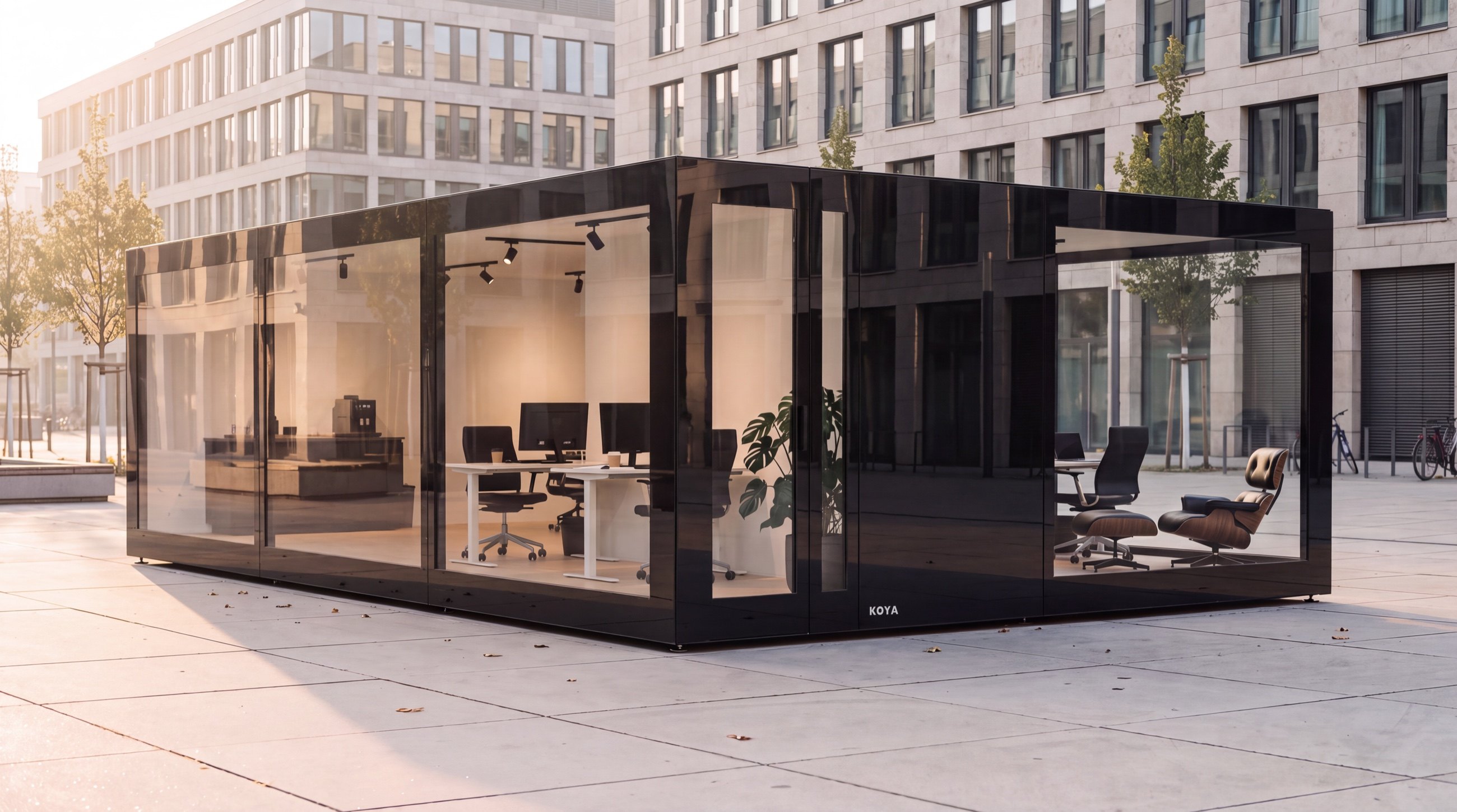 Visualisierung: KOYA Büromodul 6 × 9 m mit spiegelnden schwarzen Glasrändern auf einem städtischen Platz, innen Arbeitsplätze, Teeküche und Lounge Chair