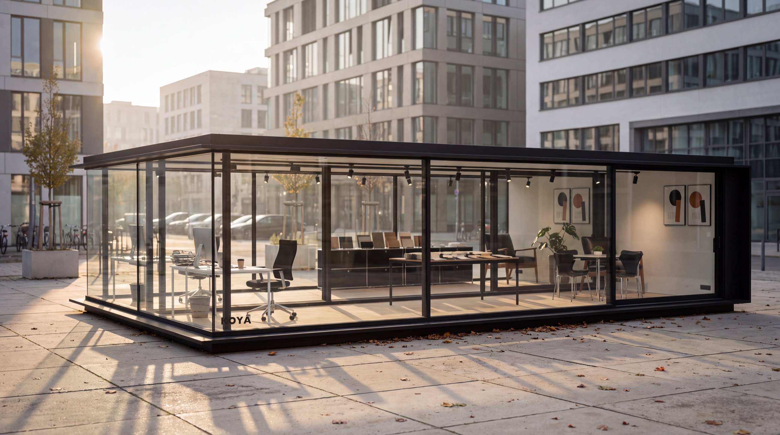 Visualisierung: KOYA Studio 9,0 × 6,0 m als Büro mit Glasfront auf einem Platz zwischen Bürohäusern