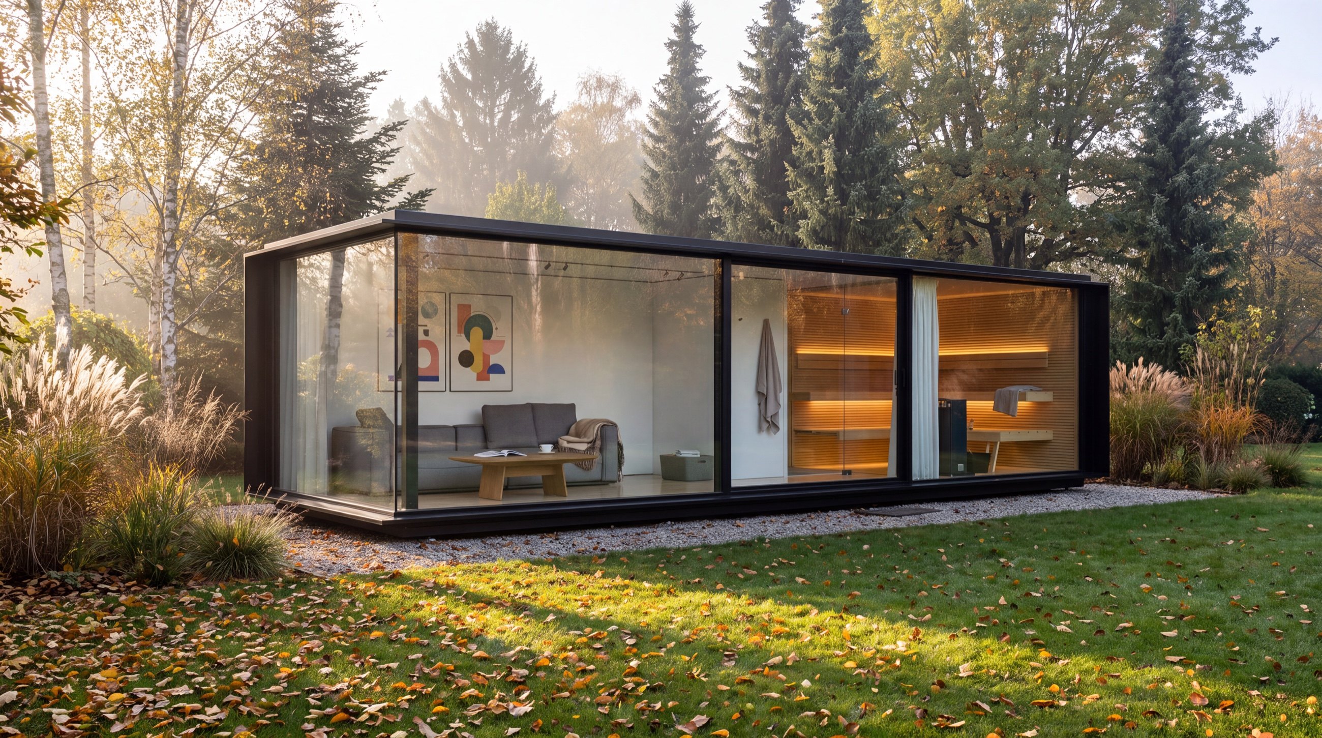Visualisierung: KOYA Studio 9,0 × 3,0 m mit Sauna und Wohnbereich im herbstlichen Garten