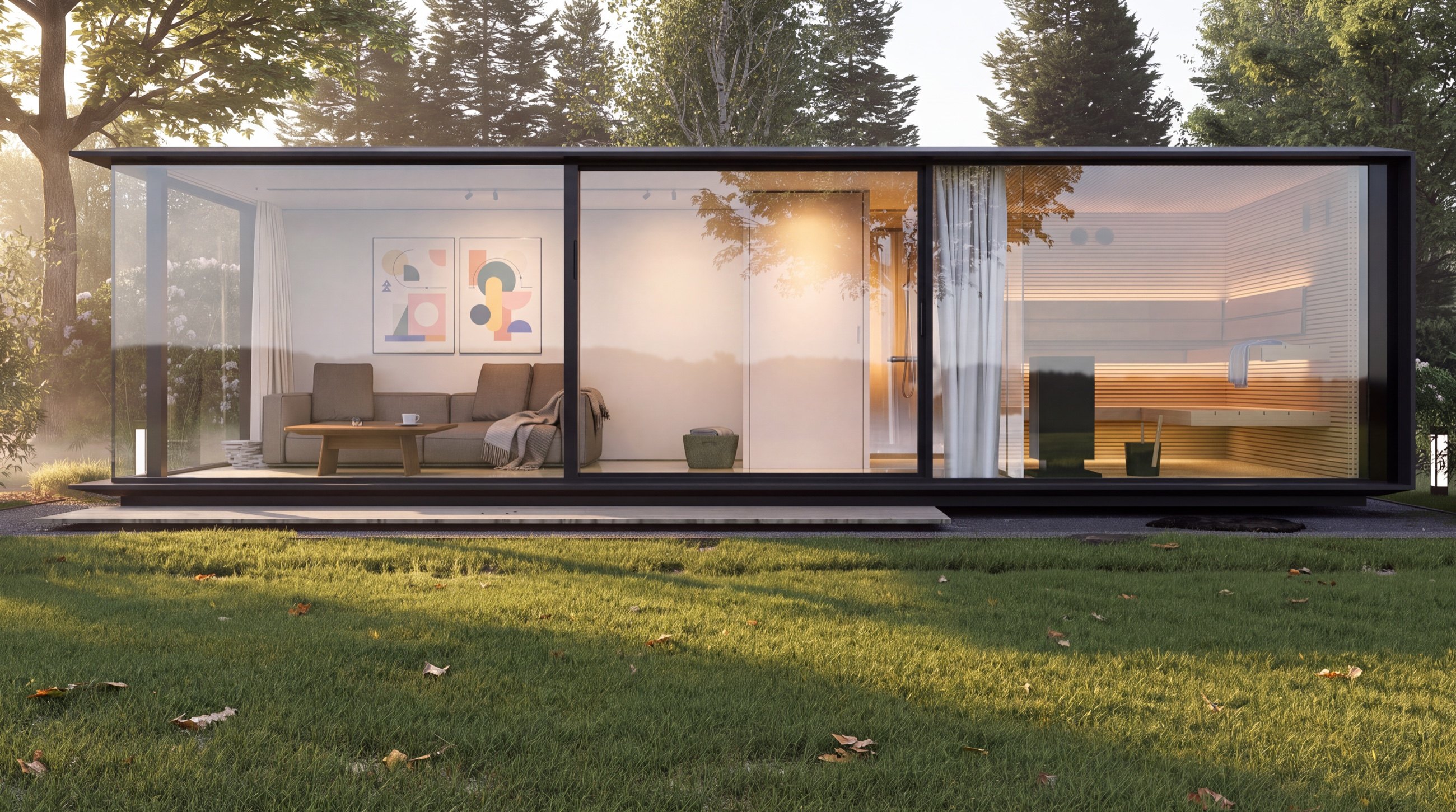 Visualisierung: Luxus Tiny House KOYA Studio 9,0 × 3,0 m mit Glasfront im herbstlichen Garten