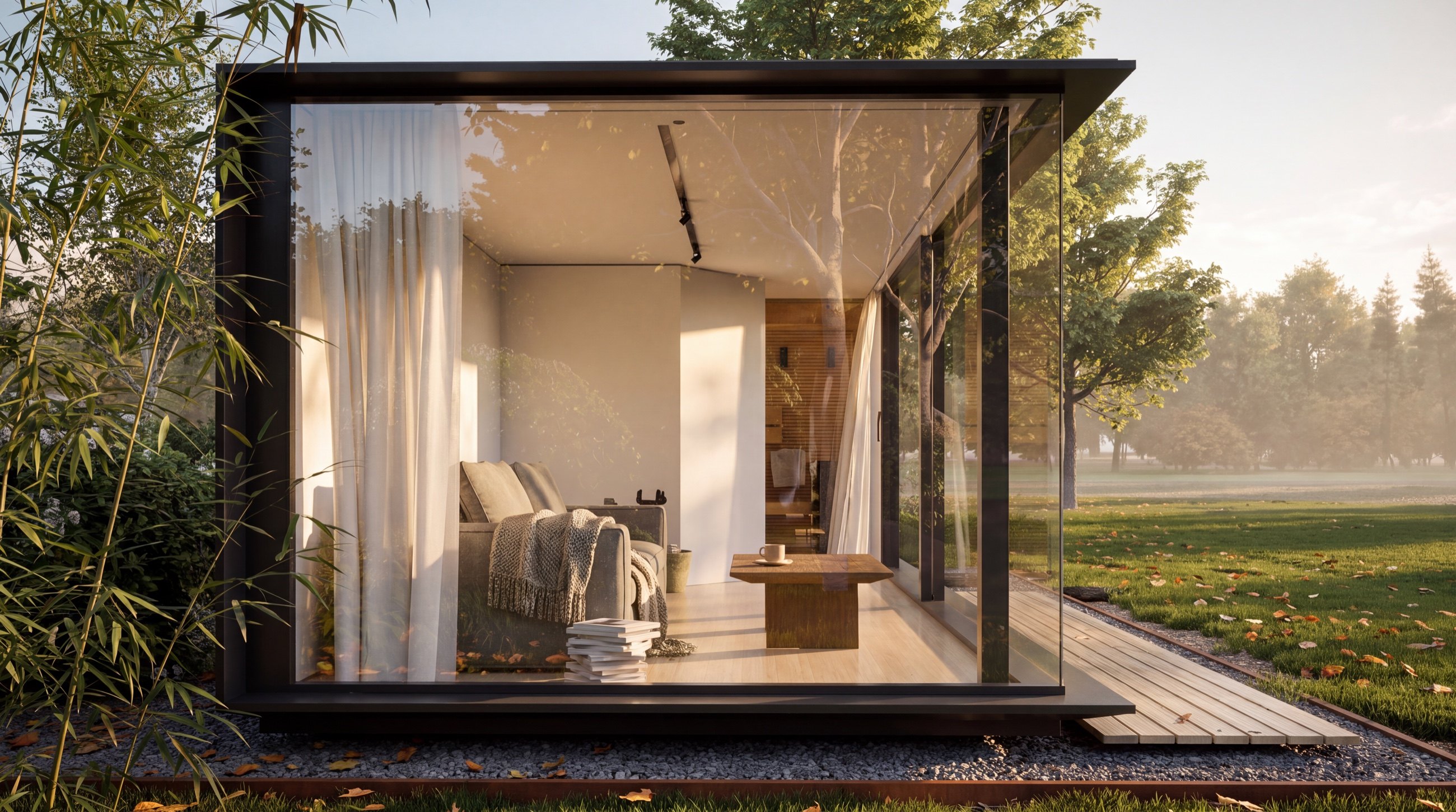 Visualisierung: Stirnseite des KOYA Studio mit Glasecke, innen Sofa mit Decke, Couchtisch und Bücherstapel, hinten die Saunakabine, links Bambus