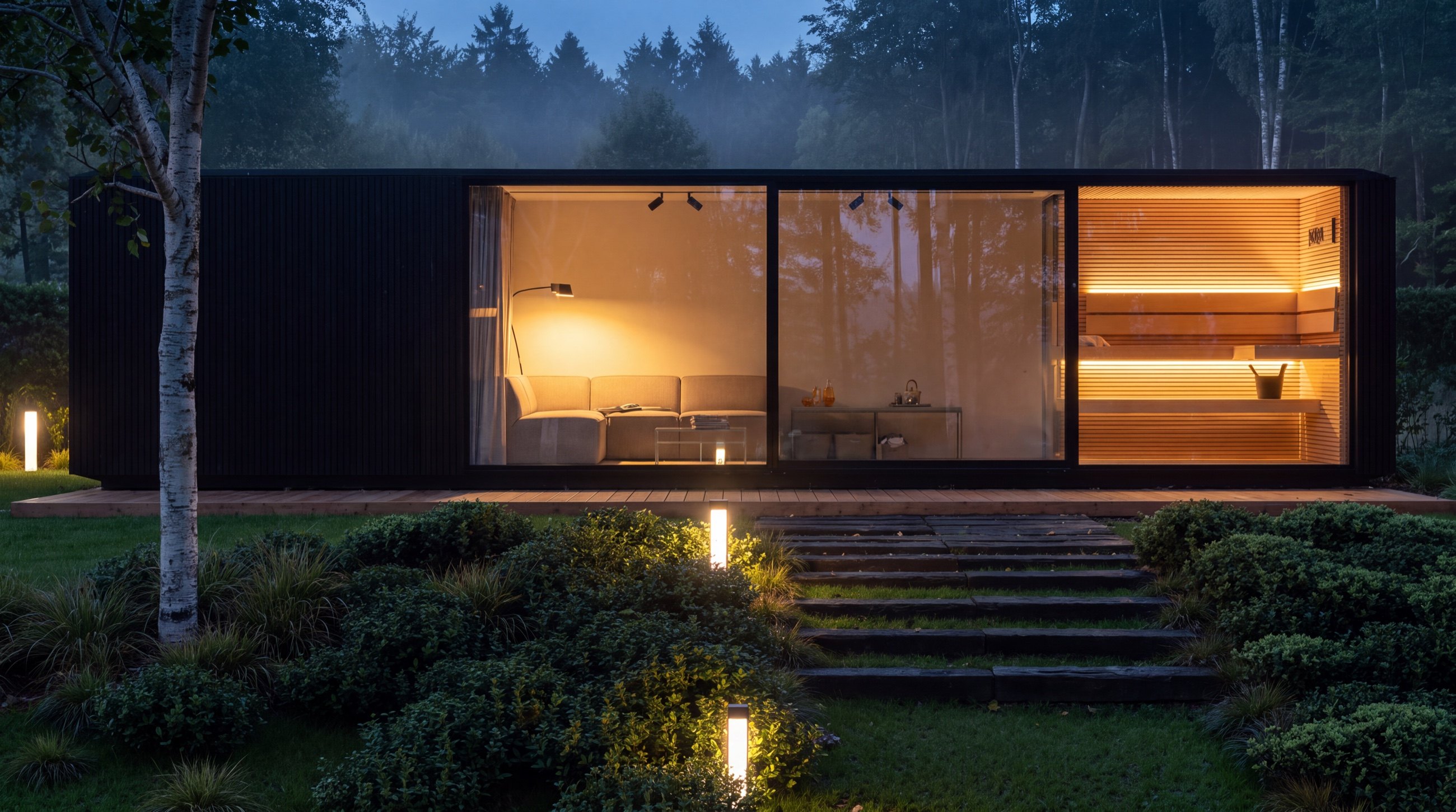 Visualisierung: Design-Gartenhaus KOYA Studio 10,0 × 3,0 m mit Lounge am Abend, beleuchtete Stufen im Garten