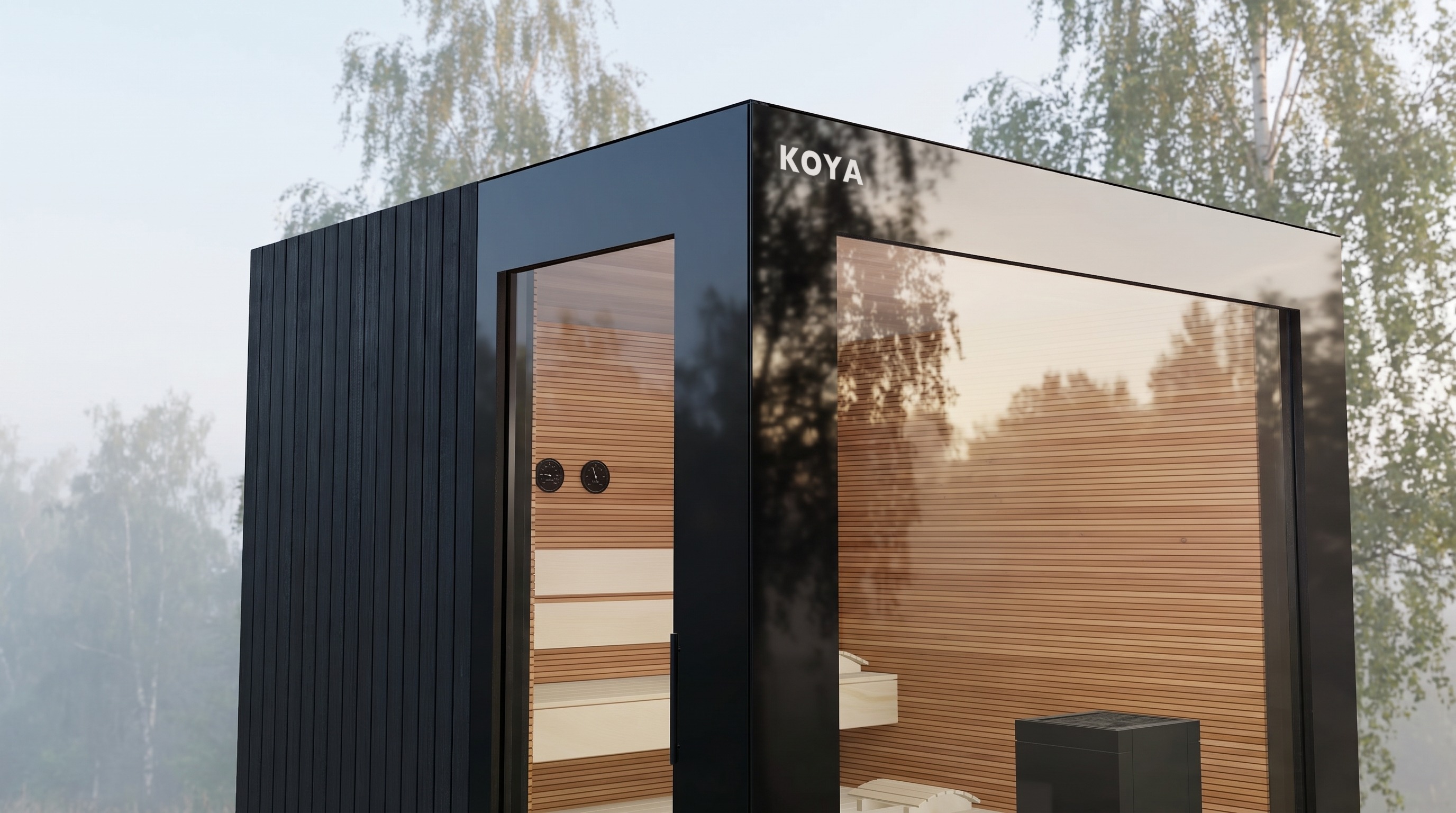Visualisierung: Gebäudeecke eines KOYA Studio, Glastür und Glasfront treffen sich an der Kante, daneben die Holzfassade