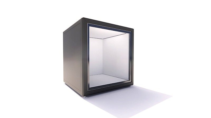 Visualisierung: dunkelgrauer KOYA Cube mit Glasfläche über die gesamte Vorderseite