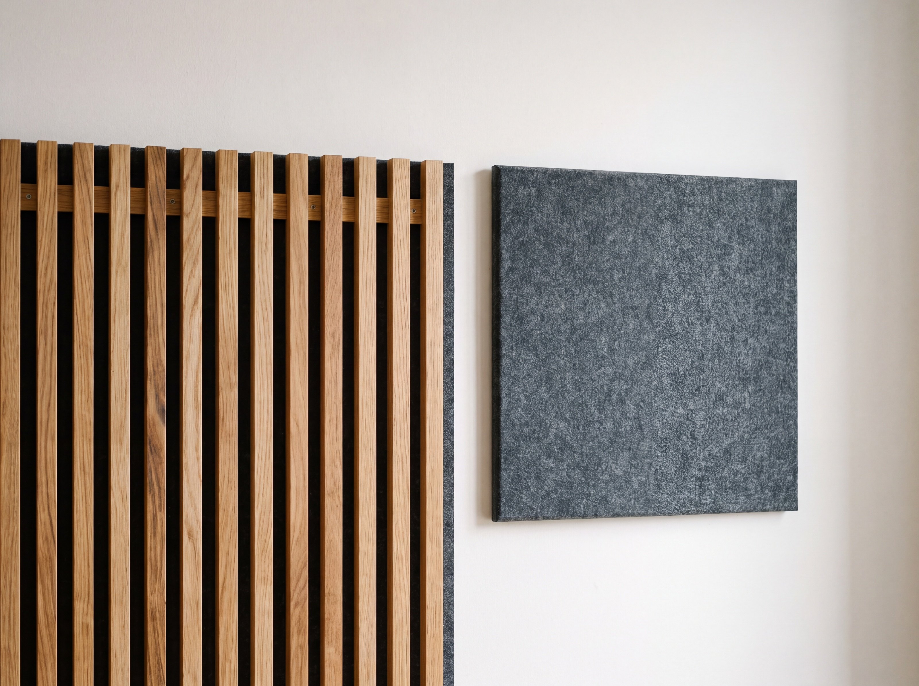 Aufnahme: Akustikpaneele aus Holzlamellen und Filz an einer hellen Wand, neutral