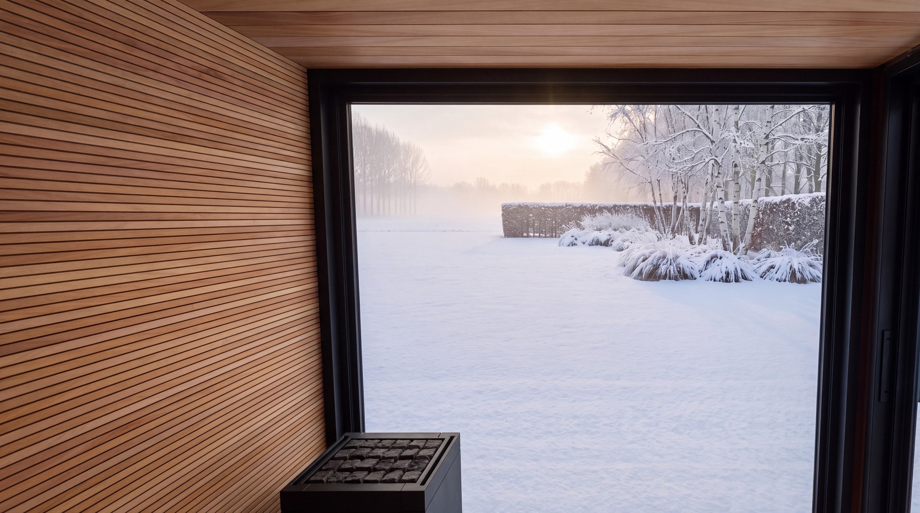 Visualisierung: Blick von der oberen Saunabank durch die Glasfront in einen verschneiten Garten